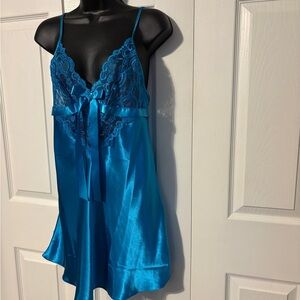 Undercover Teal-Blue Satin Lace Chemise with Ribbon Accent